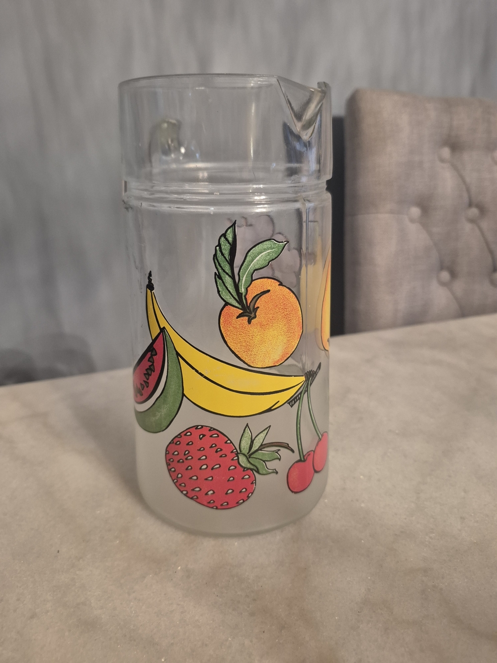 Vintage Fruit Print Glass Pitcher - Colorful Fruit Design France 1980's